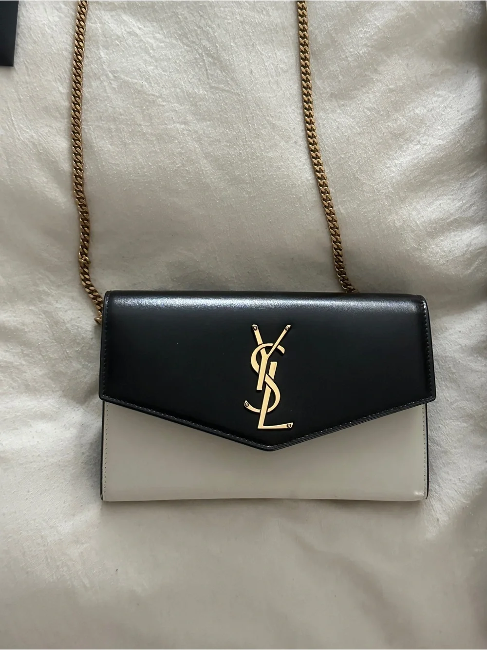 Saint Laurent Black and White Two-Tone Quilted YSL Chain Card Holder